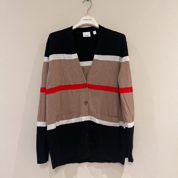 BURBERRY Tan Cashmere & Silk Striped Philippa Cardigan SzM - Picture 8 of 12